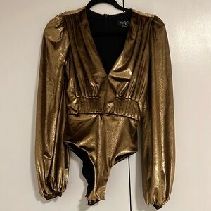 PatBo Gold Velvet Blouson Sleeve Bodysuit